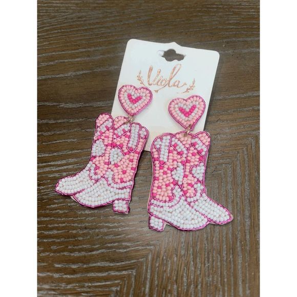 Pretty in Pink Cowgirl Boot Seed Bead Heart Earrings - Picture 4 of 4